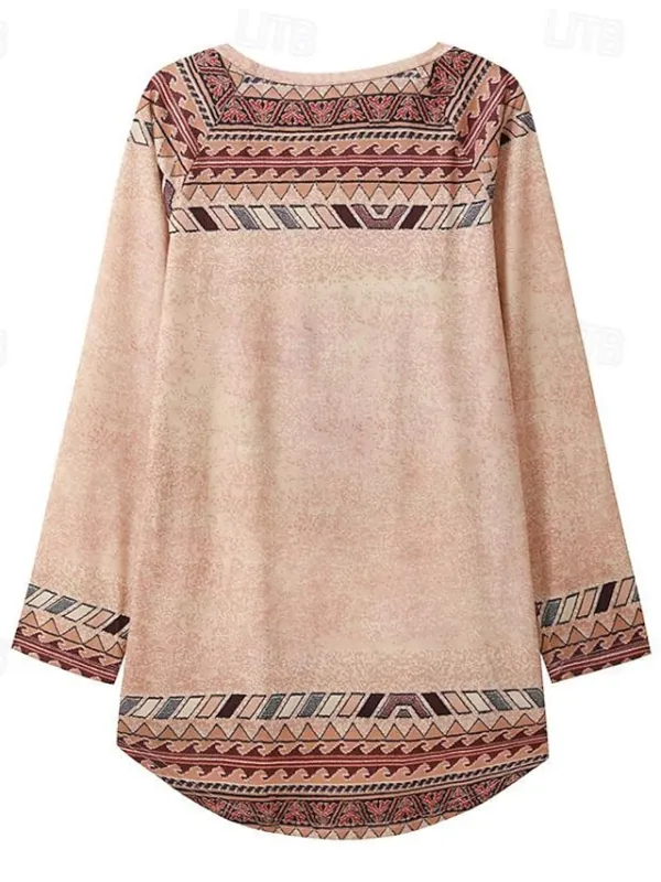 Women's Plus Size T shirt Tee Tunic Shirts Geometric Plaid Casual Print Light Green Long Sleeve Vintage Tunic Ethnic Round Neck Fall & Winter