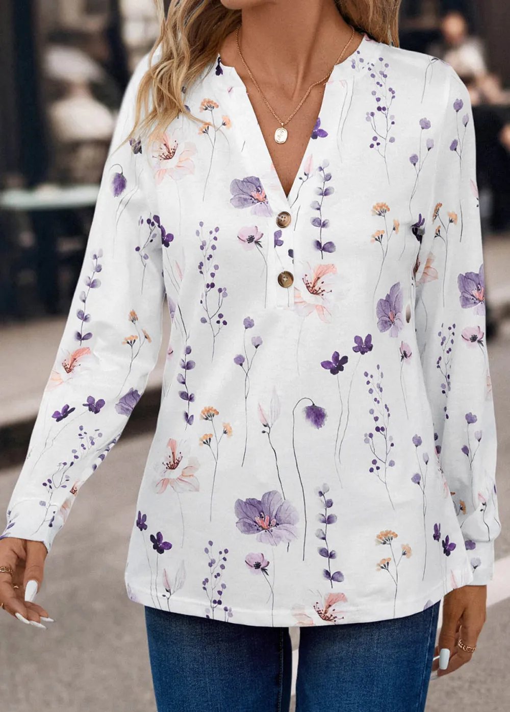 White Button Floral Print Long Sleeve T Shirt