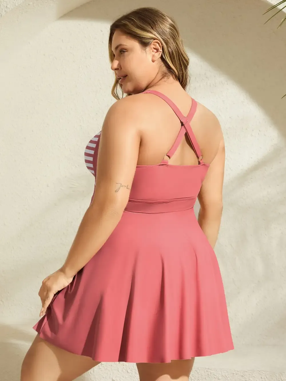 Stripes Patchwork Tie Knot Cross Straps Swim Dress