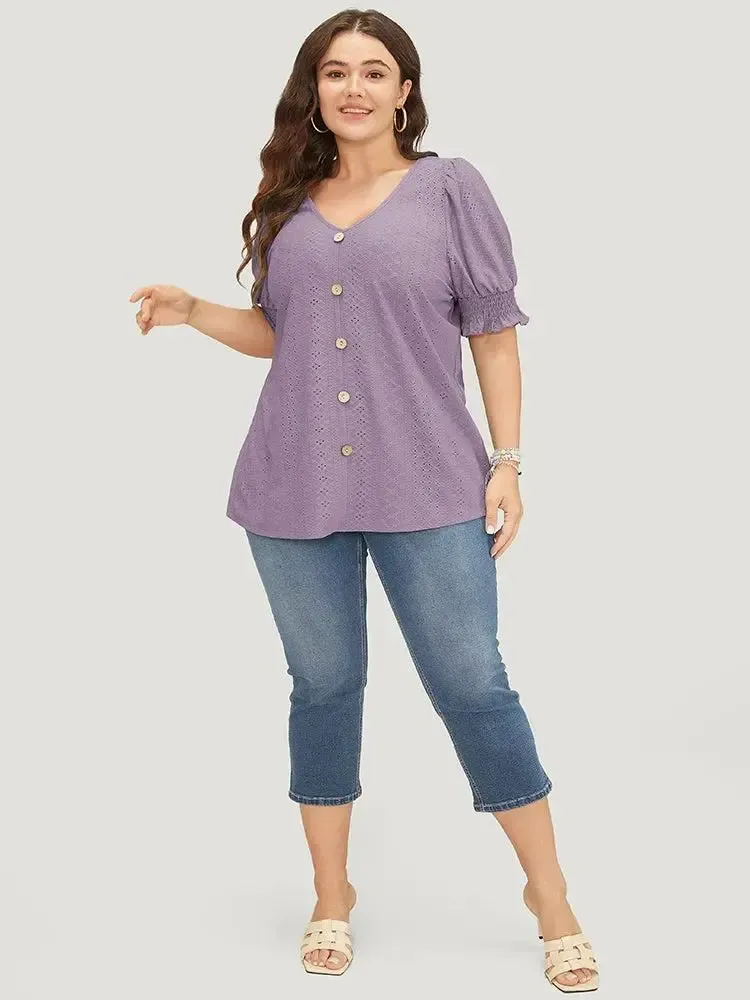 Plain Broderie Anglaise Shirred Puff Sleeve Button Detail T-shirt