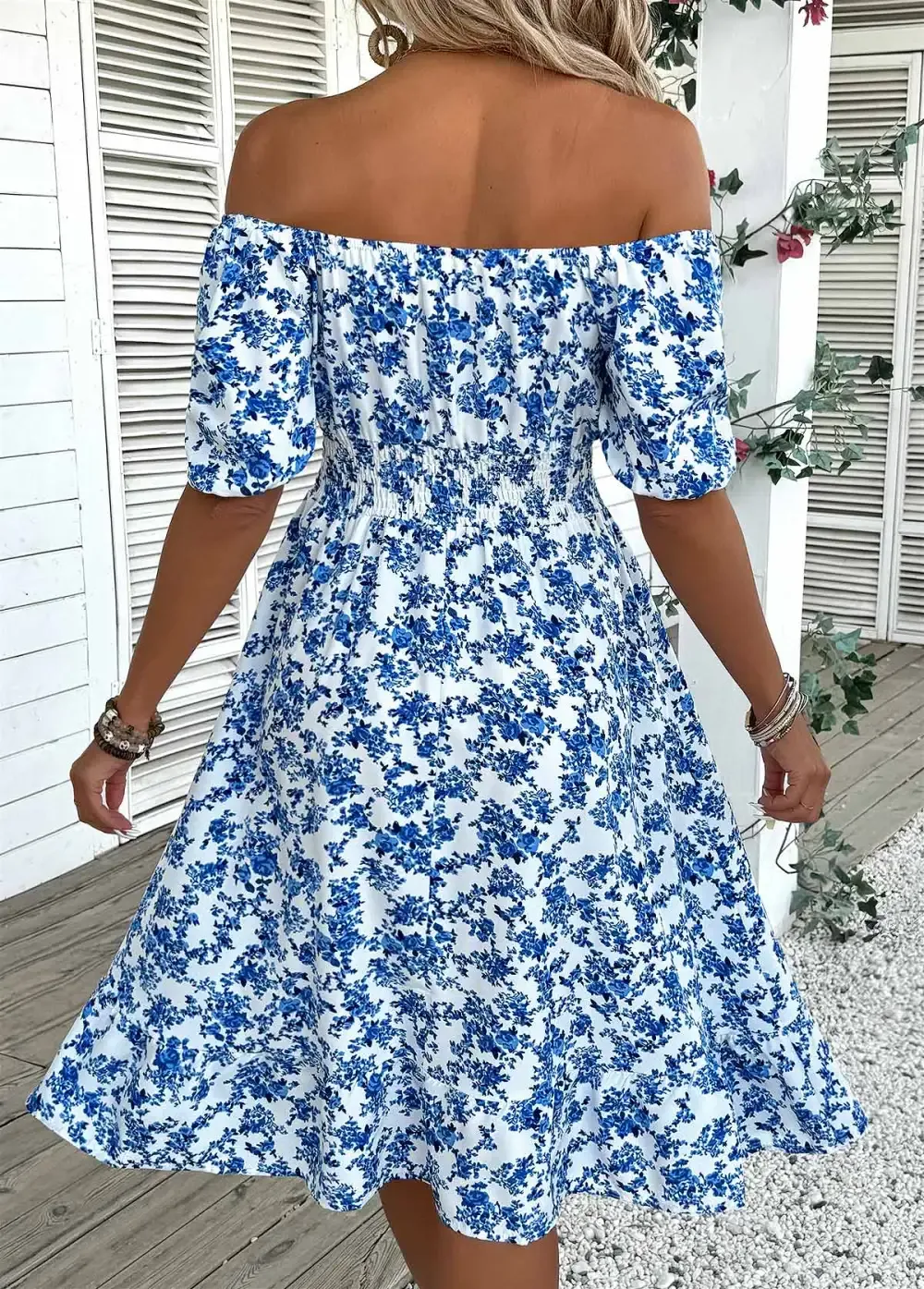 Blue Ditsy Floral Print Short Sleeve Off Shoulder Dress
