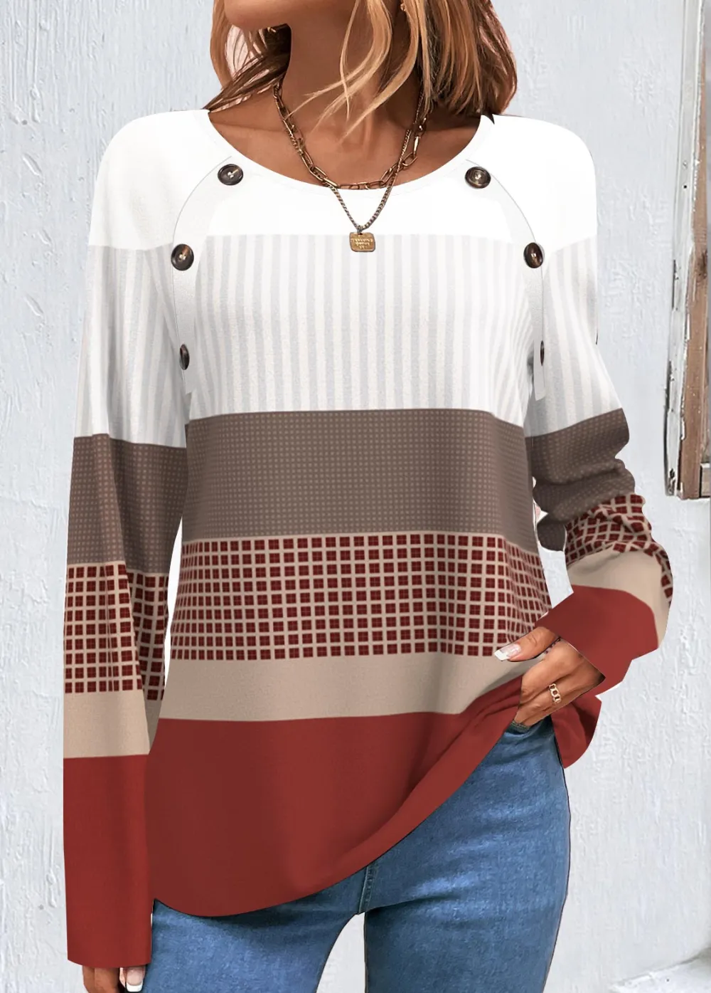 Wine Red Patchwork Geometric Print Long Sleeve Sweatshirt