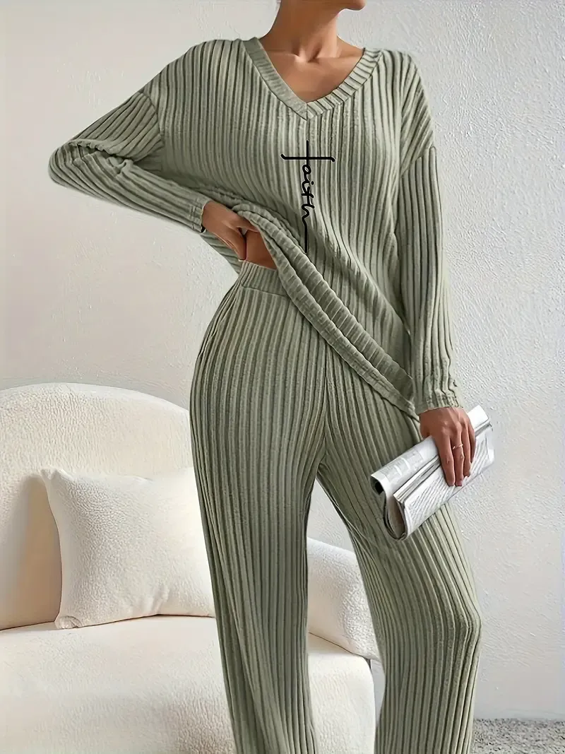 Women's Faith-Inspired Ribbed Two-Piece Set - V Neck Long Sleeve Top & Comfy Pants - Chic Spring & Fall Casual Outfits