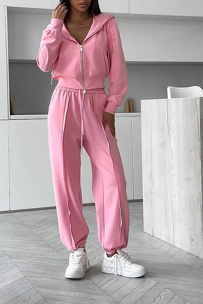 Women's Solid Color Laundry Zipper Jacket & Pants Two Piece Set