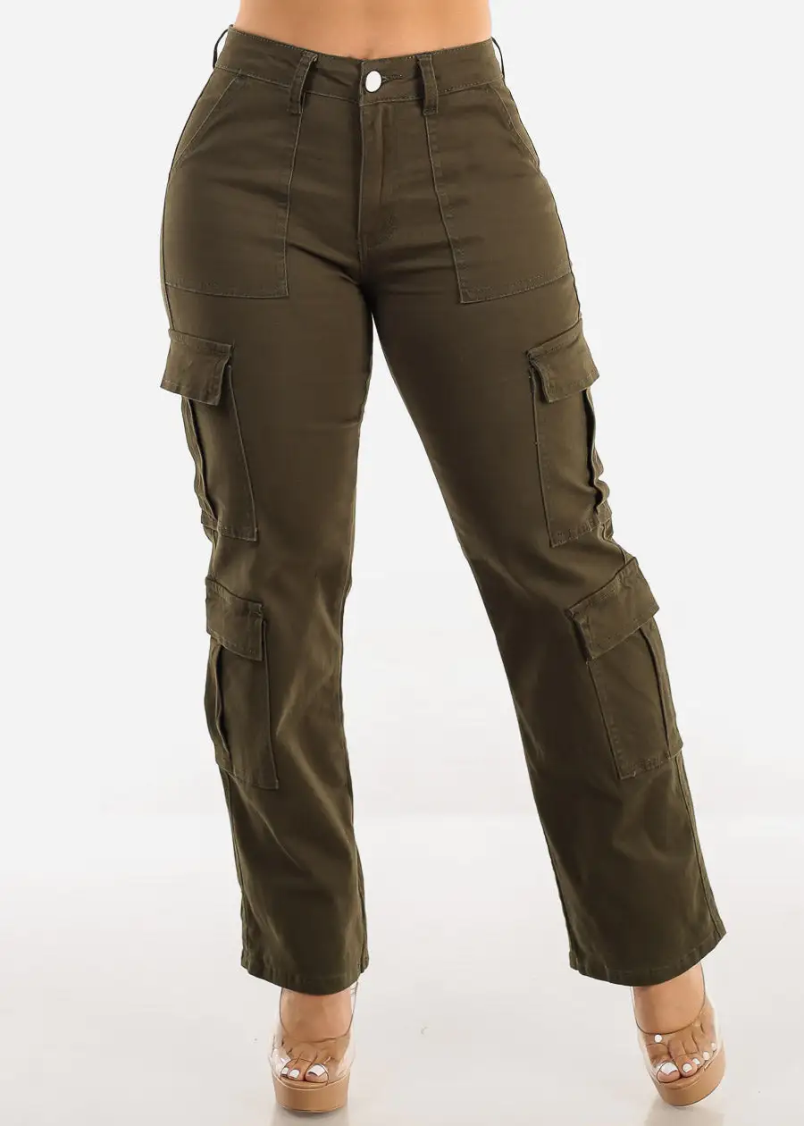 Butt Lift Mid Rise Straight Wide Leg Cargo Pants Olive