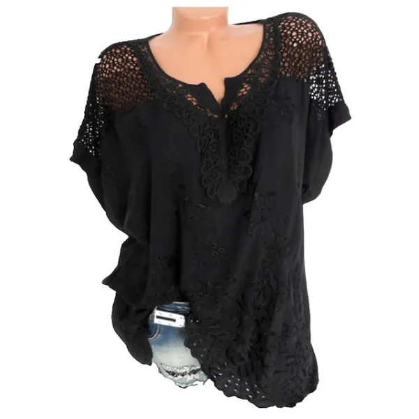 Women's Shirt Lace Shirt Blouse Eyelet top Chiffon Plain Embroidered Daily Going out Weekend Streetwear Basic Casual Short Sleeve V Neck Black Summer Spring