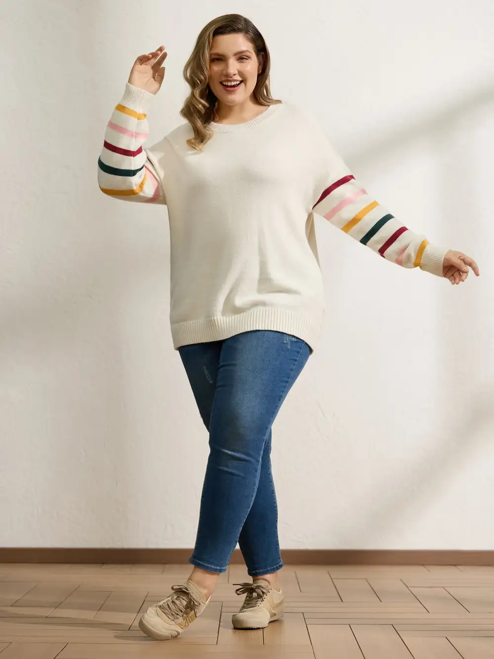 Rainbow Stripe Sleeve Contrast Pullover