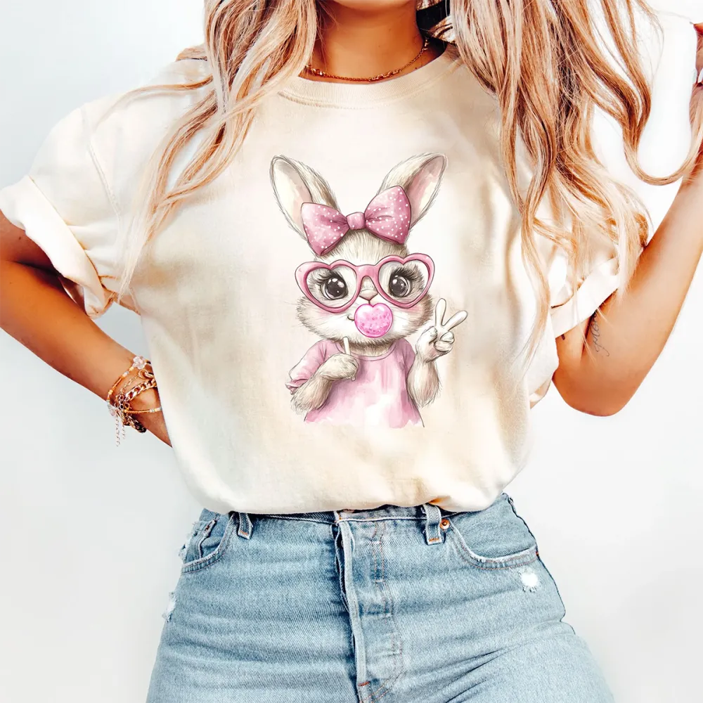 Easter Pink Bunny Blowing Bubbles Printed Round Neck Short Sleeve T-Shirt