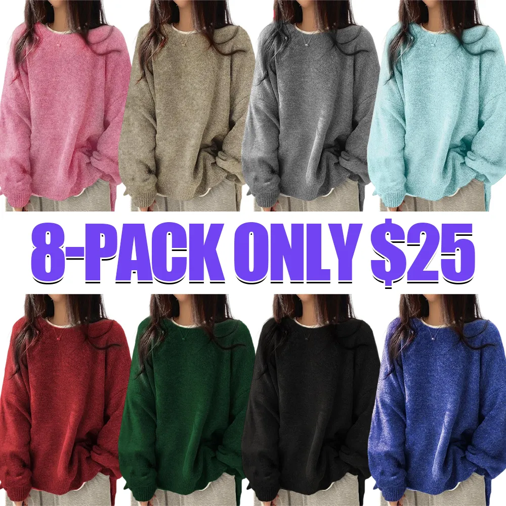 Women's Drop Shoulder Split Hem Sweater, Chic Casual Long Sleeve Round Neck Jumper, Women's Knitwear Top for Fall & Winter