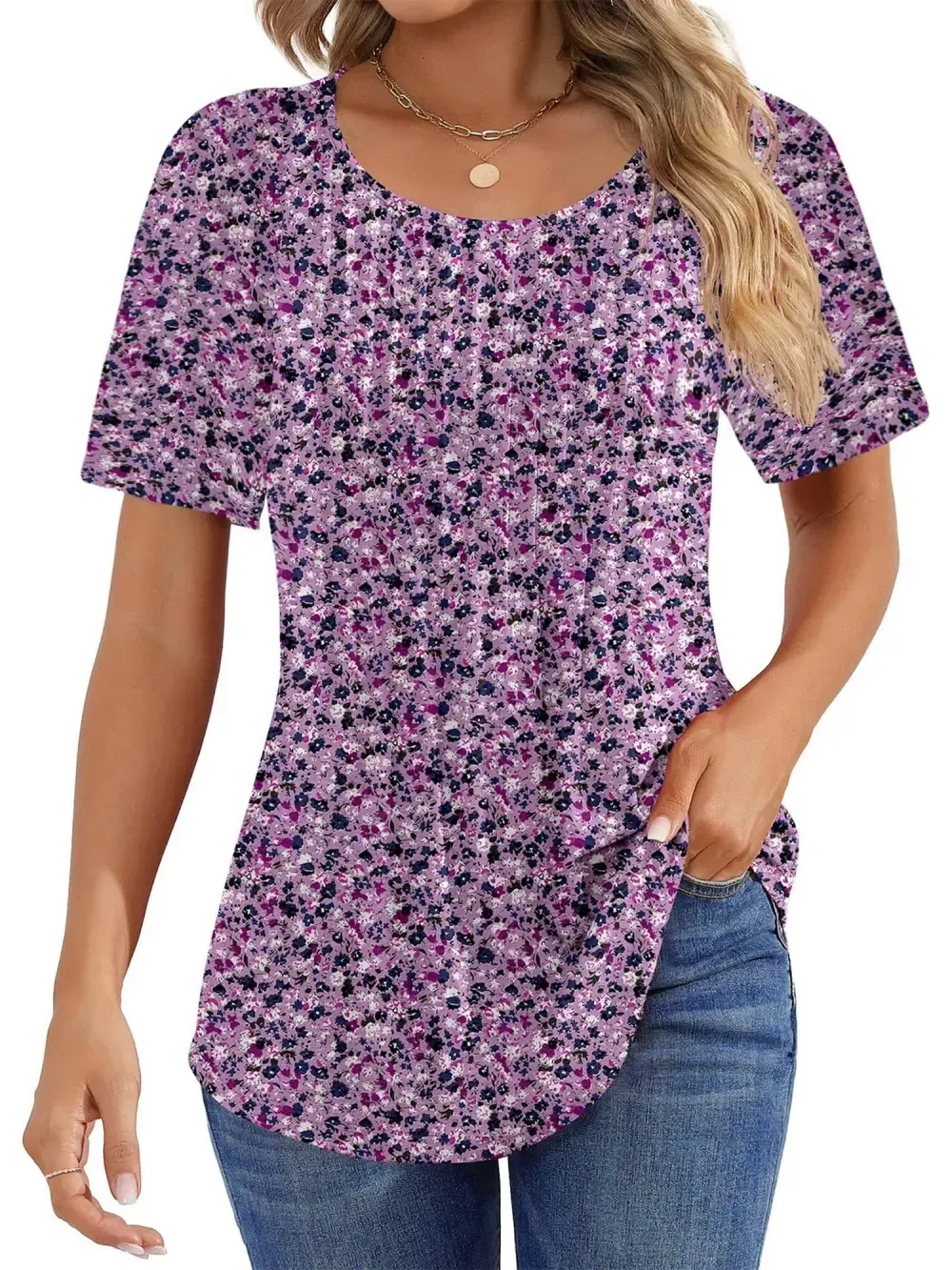 📣Women Summer Pleated Short Sleeve Tunic Blouses Tops