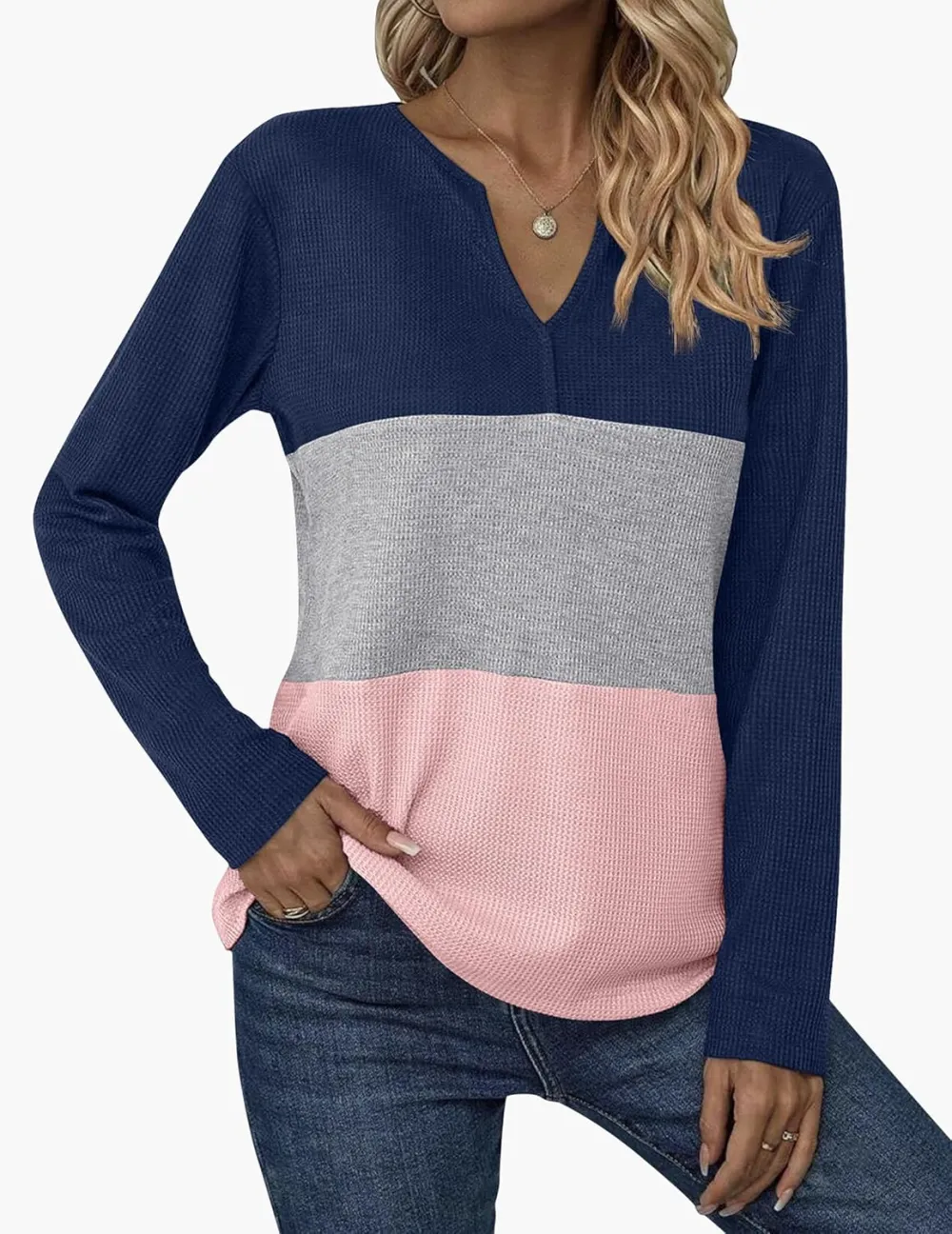 Women's Waffle Shirts V Neck Long Sleeve Tops Color Block T-Shirts Casual Tunics 2024 Fashion Basic Tees