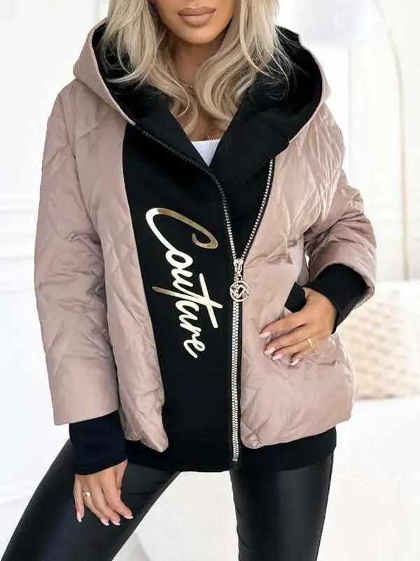 Women's Hooded Zipper Stitching Contrast Color Letter Print Casual Coat