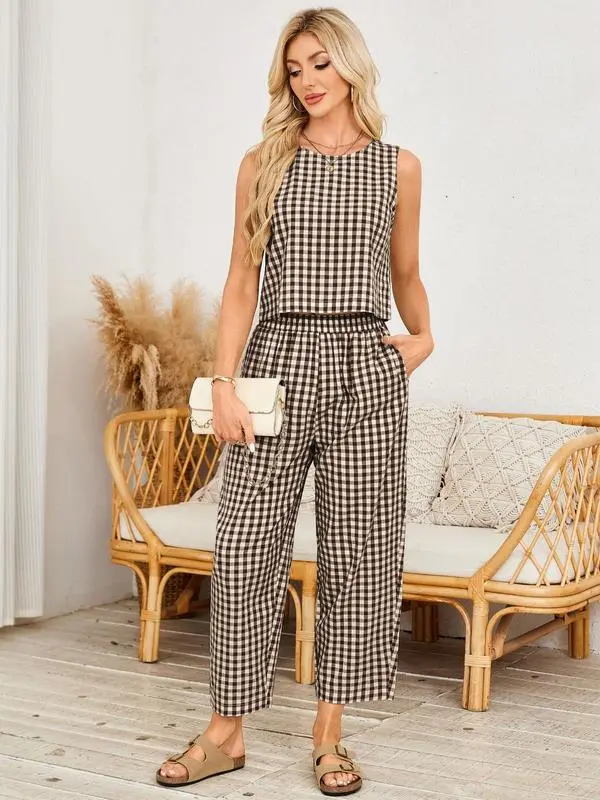 Women's Plaid Tank Top & Pants Set – Casual Sleeveless Summer Two-Piece Outfit