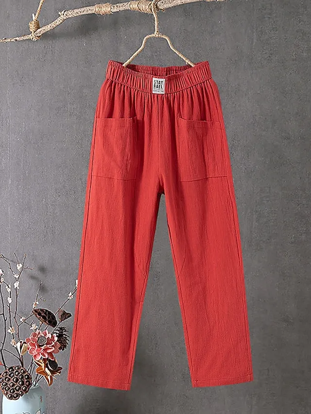 Women's Slacks Baggy Cropped Pants Linen Plain Pocket Baggy Ankle-Length Micro-elastic Mid Waist Streetwear Casual Vacation Casual Daily Black White S M Summer Spring