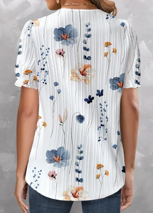 White Lace Floral Print Short Sleeve V Neck Blouse