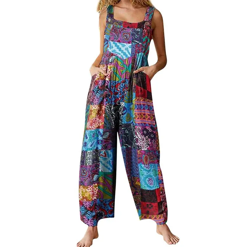Women’s Boho Patchwork Jumpsuit-Floral Print, Dual Pockets, Wide-Leg Fit