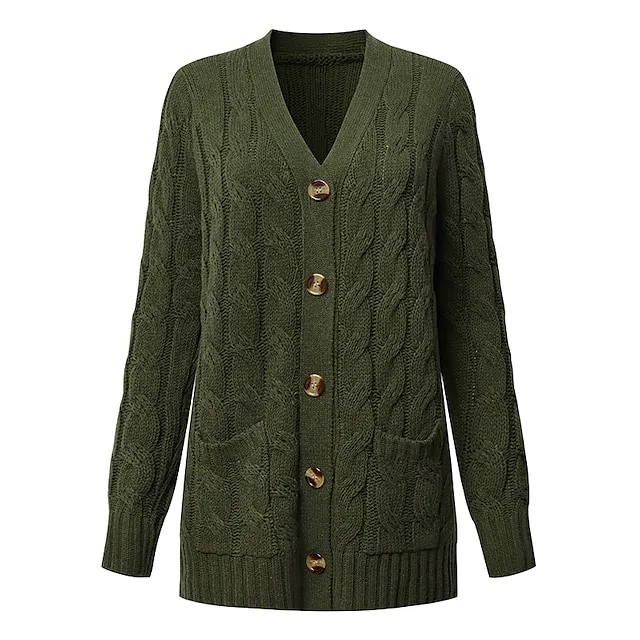 Women's Cardigan Pocket Knitted Button Solid Color Casual Chunky Long Sleeve Regular Fit Sweater Cardigans