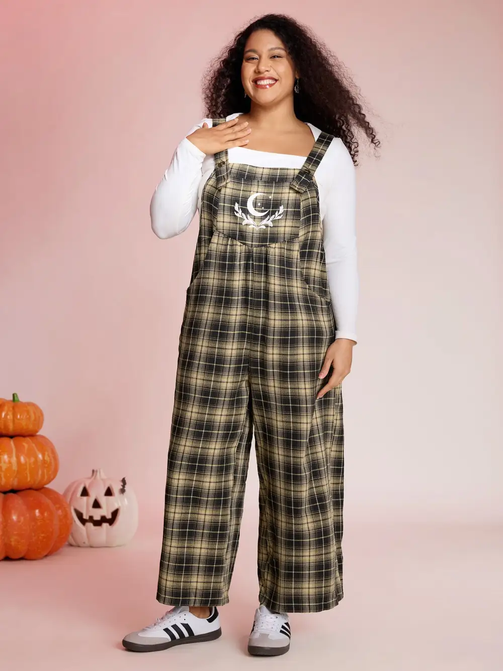 Plaid Print Moon Motif Pockets Jumpsuit