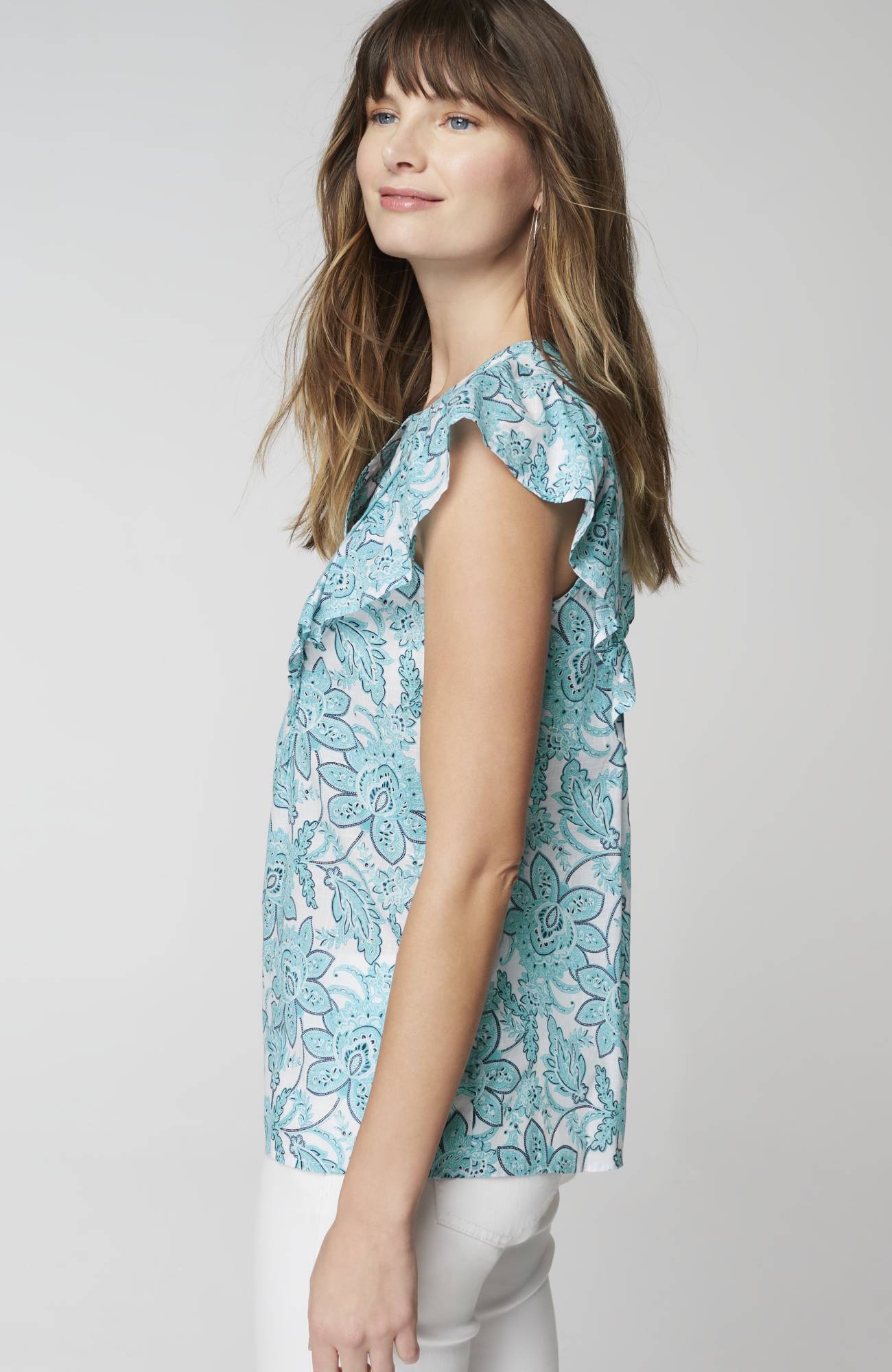 Piping-Trim Ruffle-Sleeve Top