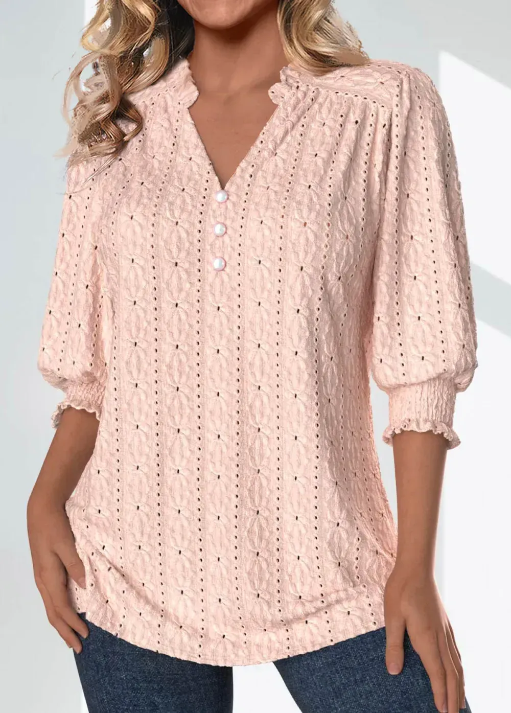 Light Pink Textured Fabric Plus Size 3/4 Sleeve Blouse