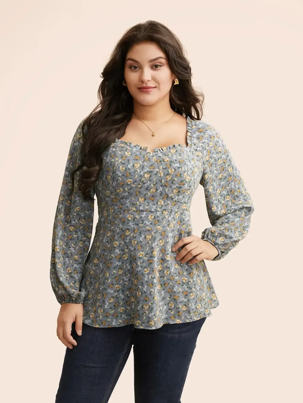 Heart Neckline Ditsy Floral Shirred Blouse