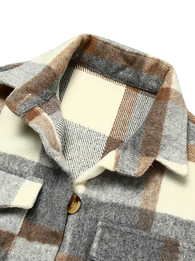 Women's Wool Blend Coat Winter Plaid Shacket Jacket Fall Long Pea Coat with Pockets Single Breasted Over Coat Trench Coat Gray Khaki Brown Modern Street S M L XL XXL / Winter