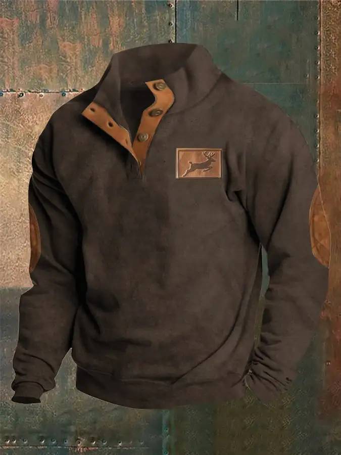 Men's Western Style Printed Stand Collar Button Sweatshirt