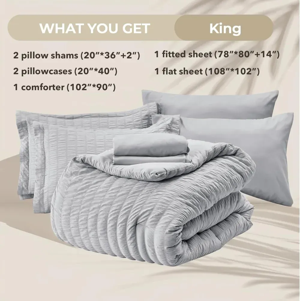 Queen Comforter Set Seersucker 7 Pieces, All Season Luxury Bed in a Bag for Bedroom, Bedding Set with Comforters, Sheets, Pillowcases & Shams, Dark Grey