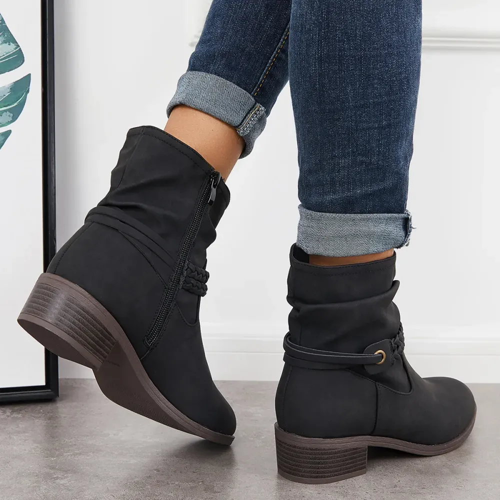 Slouchy Ankle Boots Braided Strap Chunky Block Heel Booties