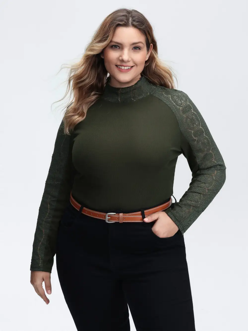 Mock Neck Lace Splicing Ribbed Texture T-Shirt