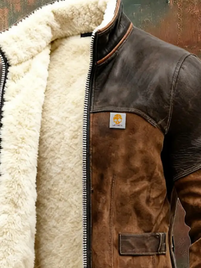 Men's Vintage Brown Shearling Coat With Fur Collar