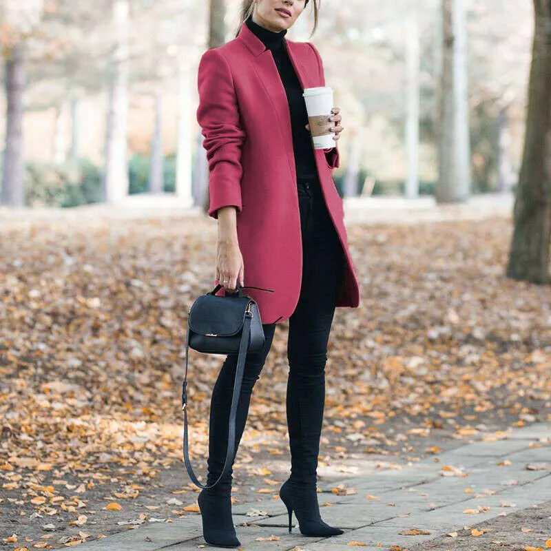Casual Solid Color Stand Collar Long Coat