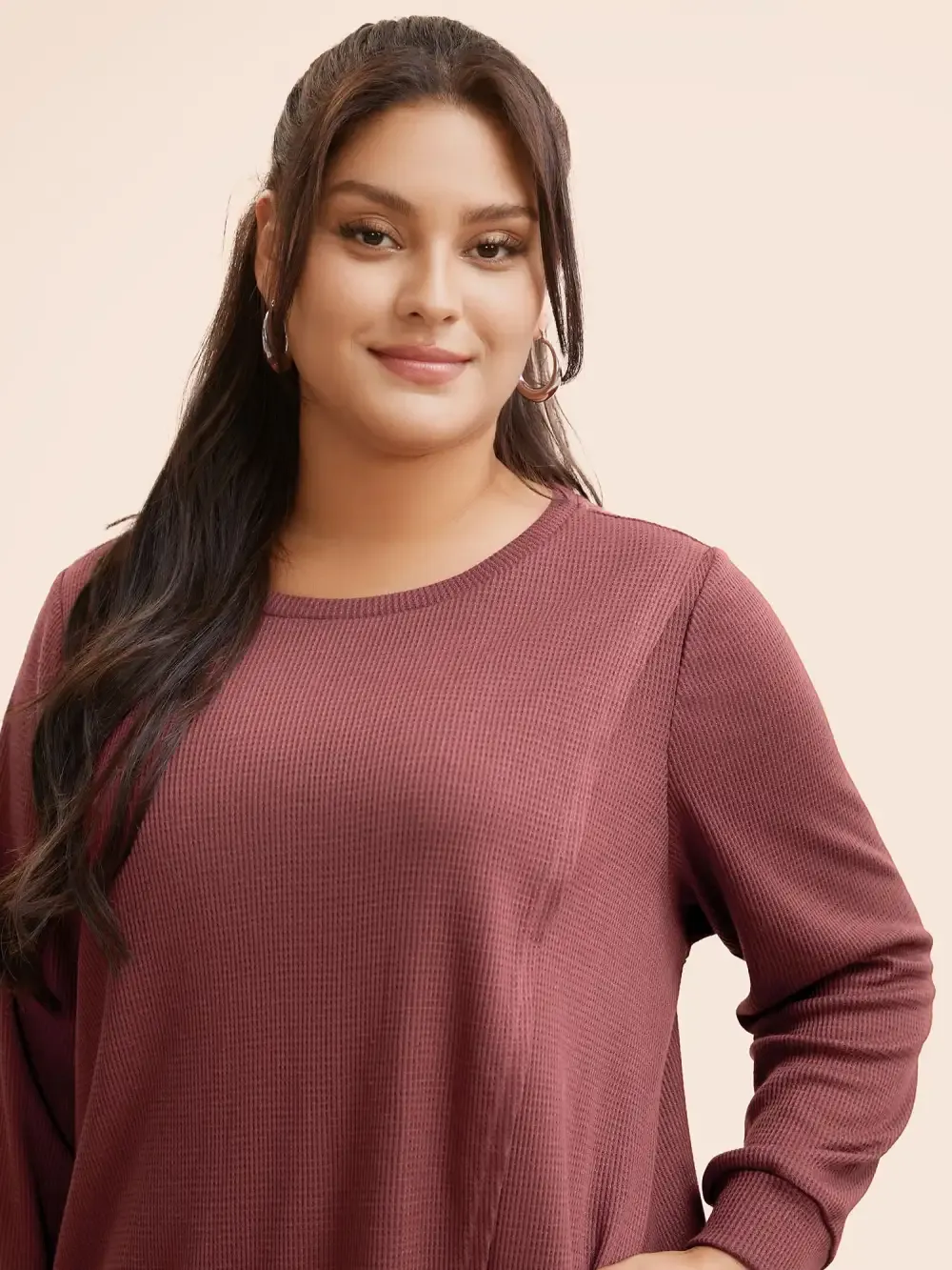 Solid Waffle Knit Overlap Hem T-Shirt