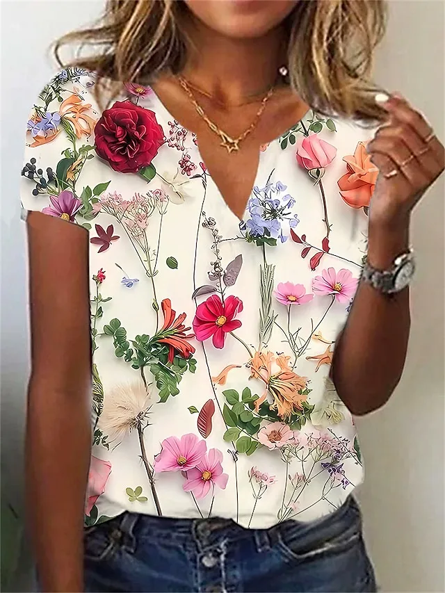 Women's T shirt Tee Henley Shirt Leaf Holiday Weekend White Pink Navy Blue Print Short Sleeve Basic V Neck Regular Fit