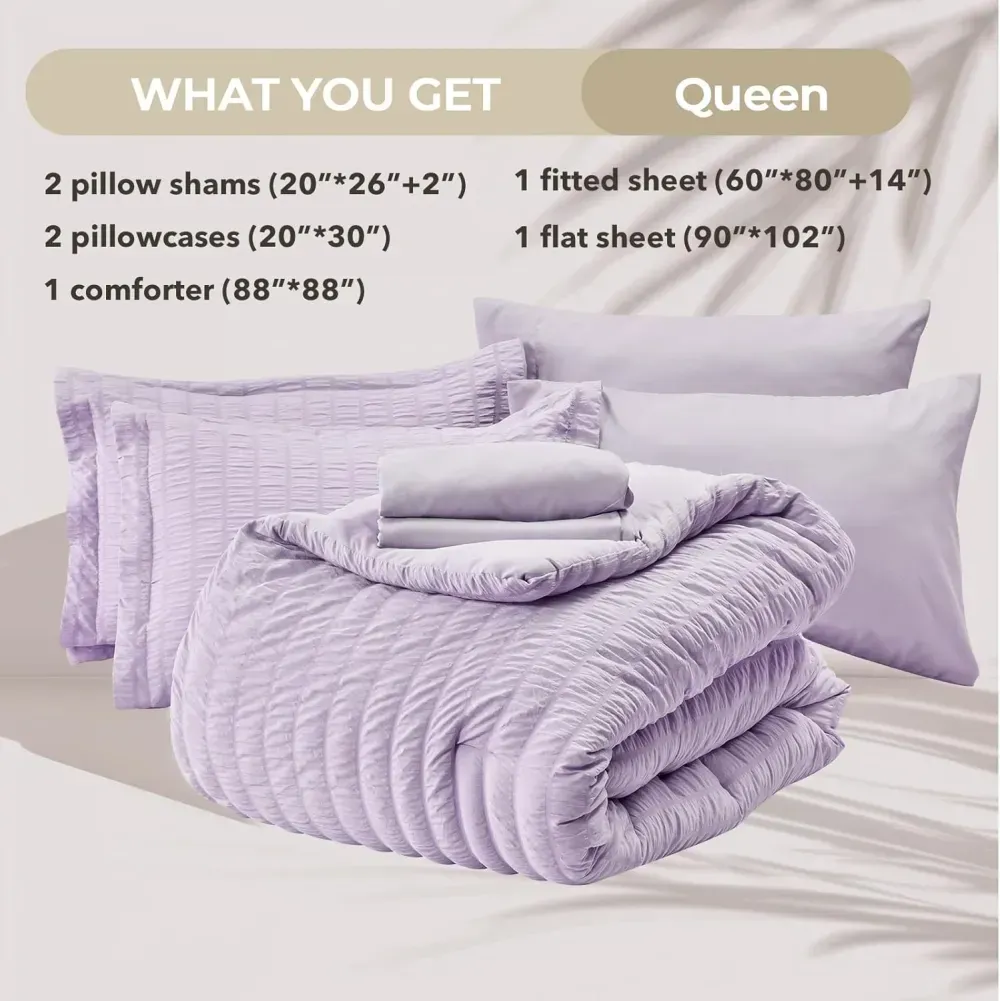 Queen Comforter Set Seersucker 7 Pieces, All Season Luxury Bed in a Bag for Bedroom, Bedding Set with Comforters, Sheets, Pillowcases & Shams, Dark Grey