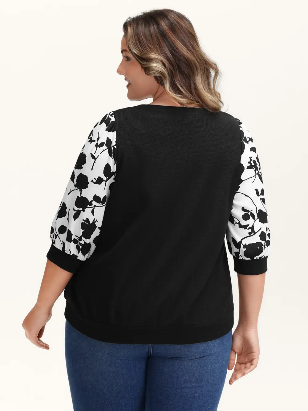 Textured Floral Puffy Sleeve Sweatshirt