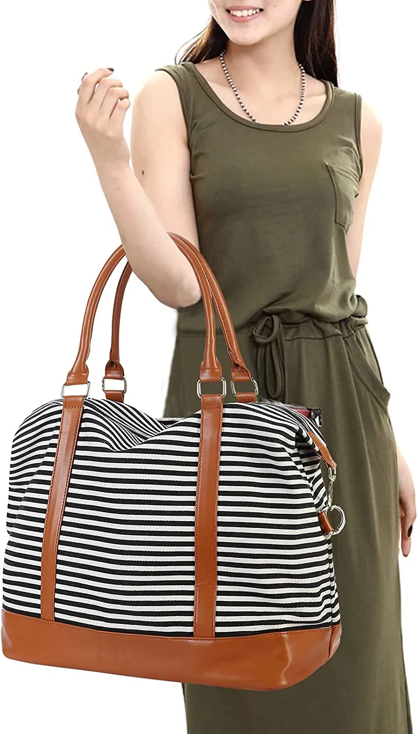 Ladies Canvas Weekender Bag Overnight Carry-on Tote Duffel in Trolley Handle