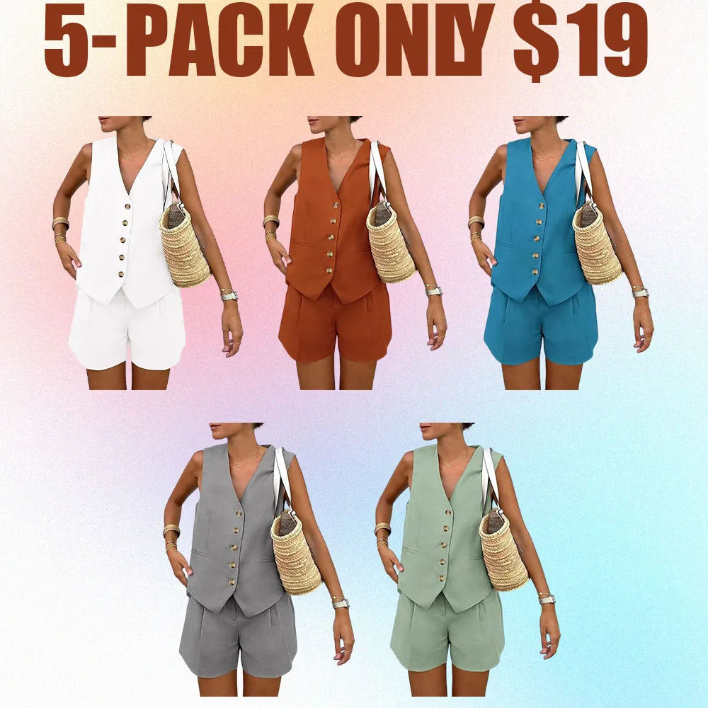 Women's 2-Piece Summer Outfit – Sleeveless V-Neck Button Down Top & Shorts Set with Pockets, Minimalist Casual Loungewear