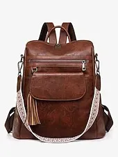 Women's Vintage Faux Leather Backpack with Tassel and Adjustable Geometric Strap – Casual Multi-pocket Travel Bag