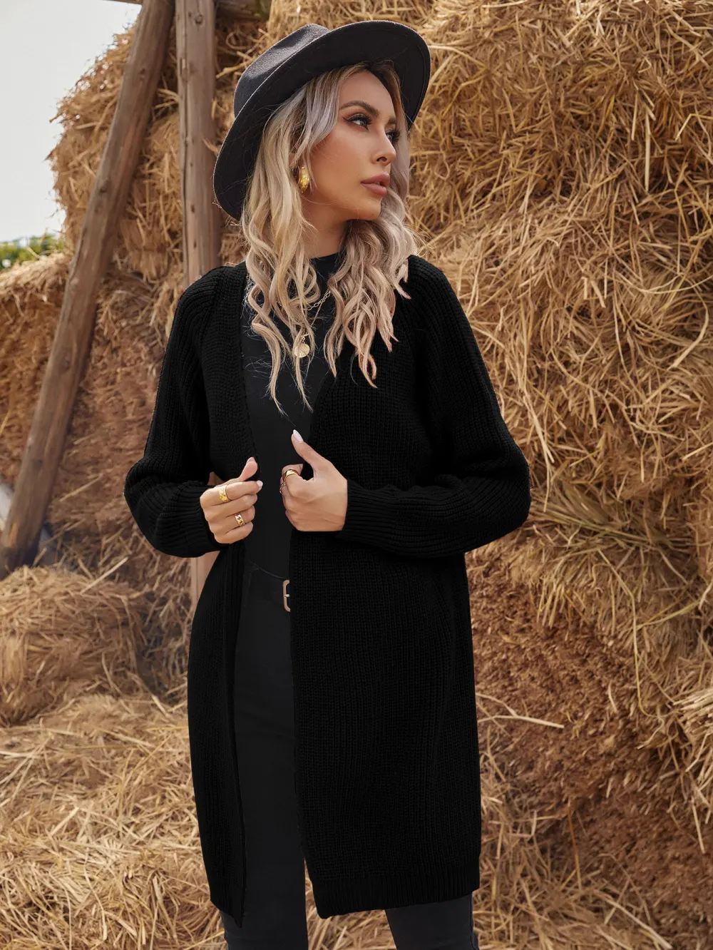 Solid Raglan Sleeve Open Front Cardigan