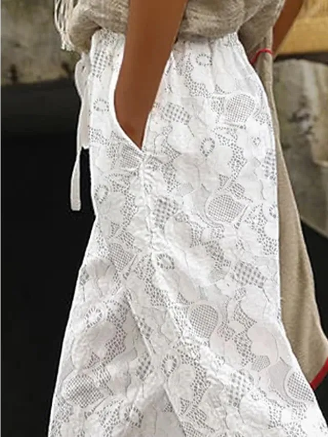 Women's Pants Trousers Faux Linen Pearl White White Fashion Holiday Weekend Side Pockets Full Length Comfort Floral S M L XL 2XL