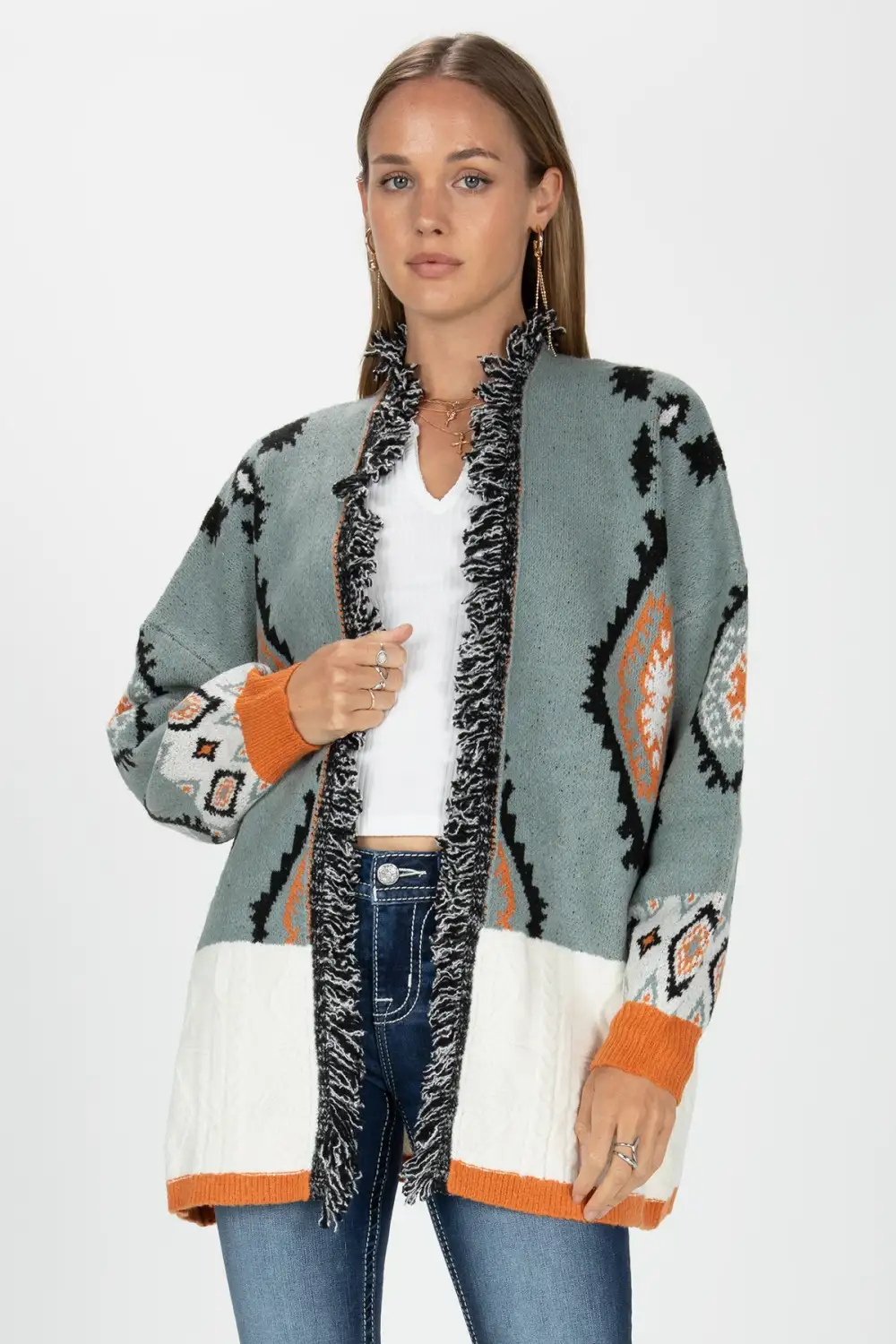 Sweater Block Open Front Aztec Cardigan