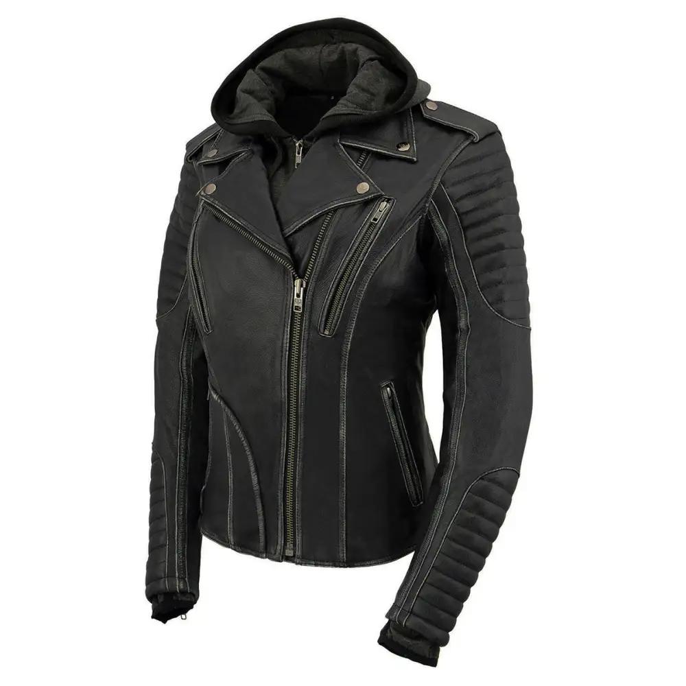 Leather MLL2516 Black Leather Rub-Off Leather Jacket with Hoodie for Women