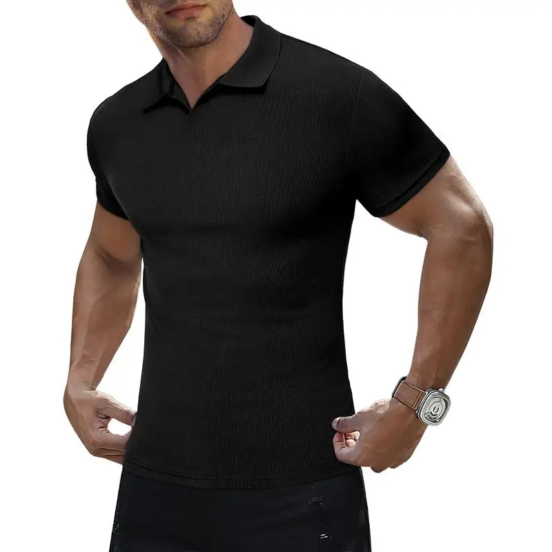 Men's Muscle V Neck Polo Shirts Casual Short Sleeve Slim Fit Ribbed Golf T Shirt Athletic Tee Shortsleeve Menswear Top