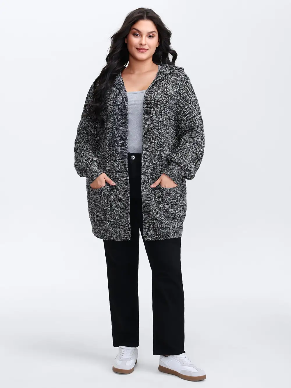 Textured Open Front Hooded Knit Cardigan