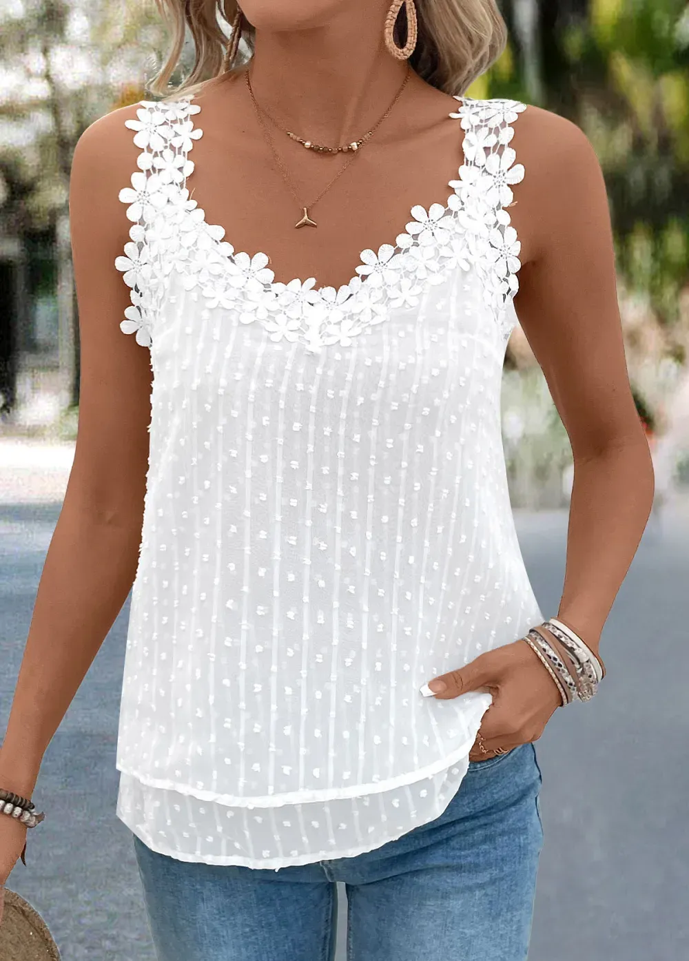 White Embroidery Sleeveless V Neck Tank Top