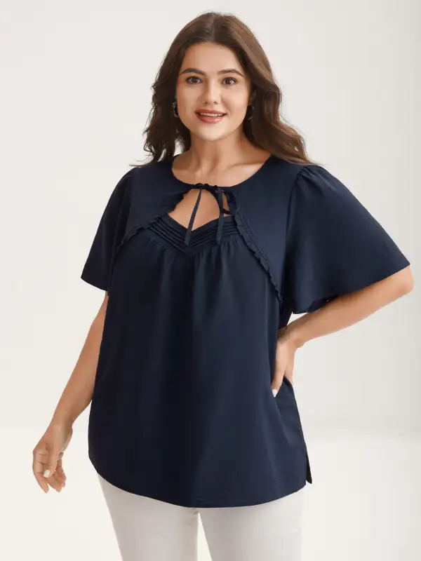 Toothpick Pleated Neck Tie Solid Blouse