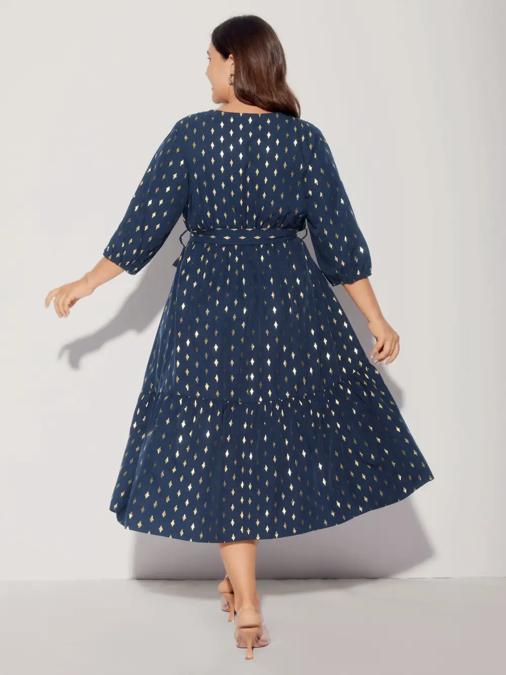 Glitter Notched Lantern Sleeve Midi Dress