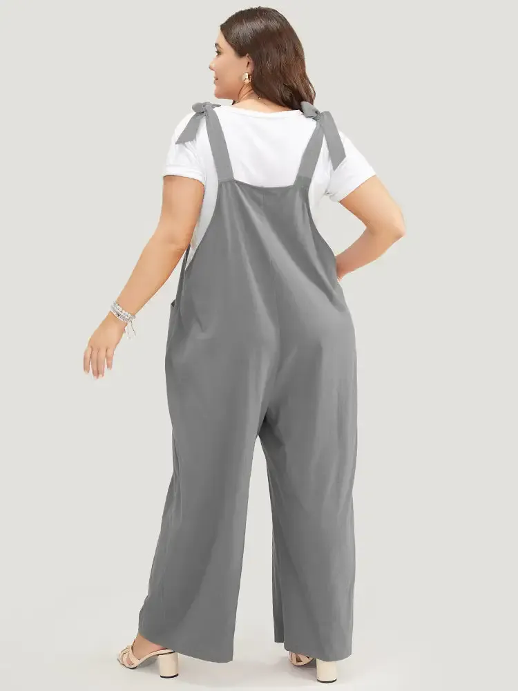 Solid Pleated Detail Pocket Knotted Shoulder Overall Jumpsuit