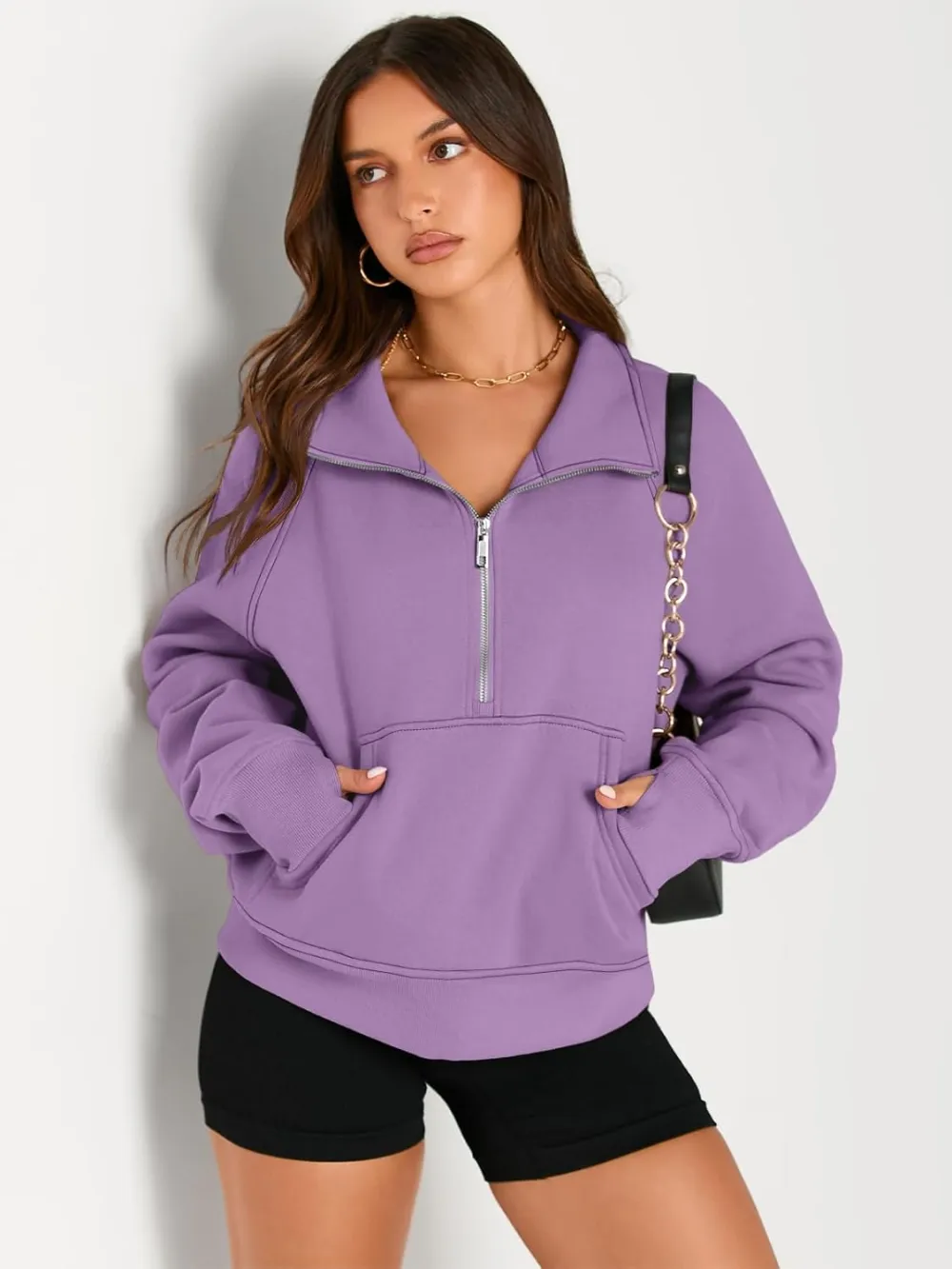 Womens Sweatshirts Half Zip Cropped Pullover Fleece Quarter Zipper Hoodies Fall outfits Clothes Thumb Hole